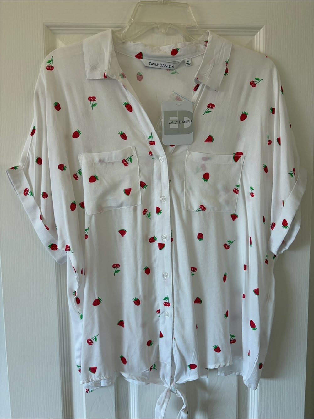 Strawberry and Cherry Print Short Sleeve Tie Hem Emily Daniels Women’s Top-NWT
